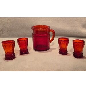 VTG Ruby Red Cadmium Child's‎ Mini Depression Glass Pitcher 4 Glasses Play Set